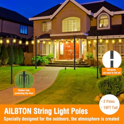 AILBTON 2 Pack 10Ft String Light Poles,Light Poles for Outside String Lights,Outdoor Light Poles with Fork,Metal Pole Stand for Patio,Backyard,Deck - Image 2