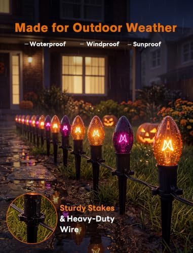 C9 Outdoor Halloween Pathway Lights - 19.5Ft Orange & Black Bulbs with 10 Stakes, Connectable Waterproof Markers for Yard, Lawn & Garden Decor - Image 5