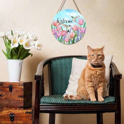 Welcome Spring Summer Hummingbirds Sign for Front Door Decor Spring Floral Wood Door Hanger Sign Spring Decorations Seasonal Farmhouse Wreath Wall Hanging Sign for Home Outdoor Outside Porch 12”x12” - Image 4