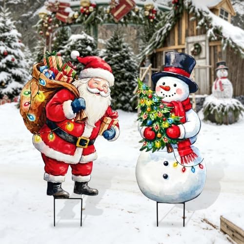 BRIGHTDECK 2 Pack Christmas Snowman Santa Yard Signs Outdoor Decorations by BRIGHTDECK