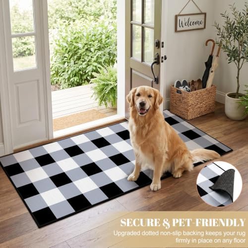 Black White Plaid Outdoor Rug 2 x 4.3 Ft, Front Door Layering Mat - Image 3