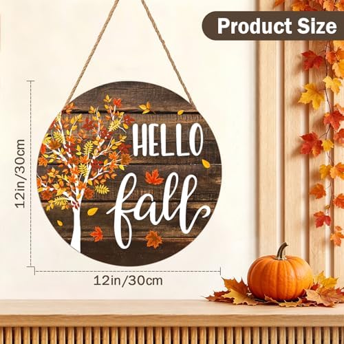 Hello Fall Wreath for Front Door Fall Tree Welcome Door Sign 12x12 Inch Autumn Maple Leaves Wood Door Hanger Farmhouse Thanksgiving Hanging Plaque for Home Porch Wall Indoor Outdoor Decorations - Image 2