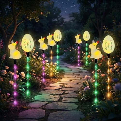 Easter Decorations Solar Pathway Lights, 6pcs Easter Bunny and Egg Lights with 8 Lighting Modes, Outdoor LED Colored Stake Lights for Lawn Yard Porch Patio Decoration (White - Rabbit+Egg) - Image 2