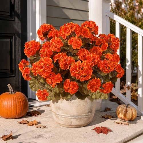 Fake Geraniums Artificial Flowers for Outdoors Fall Autumn Decoration, 6 Bundles Silk Geraniums Look Real Faux Fall Flowers Plants for Front Door Garden Planter Patio Balcony Yard Home Indoor, Orange - Image 2