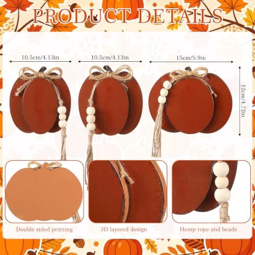 Cinnvoice 3 Pcs Fall Pumpkin Decor, Brown Wooden Tabletop Signs, 4.7 in - Image 3