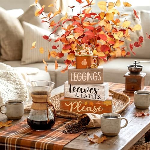 Lineshading 4 Pcs Fall Table Decor, Leaves Lattes Coffee Wooden Blocks Sign - Image 6