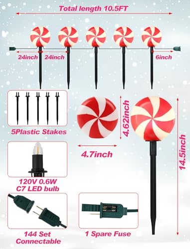 Set of 5 Large Christmas Candy Cane Yard Stakes, Professional-Grade Outdoor Peppermint Decorations with C7 LED Lights, Heavy-Duty Holiday Light Stakes for Walkway, Lawn & Driveway - Image 2