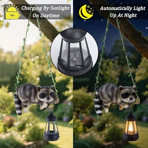 Solar Lighted Garden Outdoor Statue, Hanging Swing Raccoon Style - Image 3