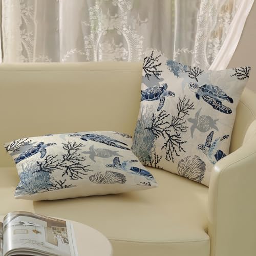 Coastal Turtle Pillow Covers 18x18 Set of 2 Coral Sea Nautical Decorative Throw Pillows Blue Beach Themed Ocean Outdoor Pillow Cases Linen Farmhouse Cushion Case for Couch Sofa Bedroom Decor - Image 4