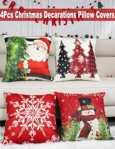 Double-Sided Print Christmas Pillow Covers 18''x18'', Set of 4, 8 Christmas Patterns Christmas Tree, Snowman, Snowflakes, Merry Christmas, Deer, Santa Claus,Truck, Let It Snow, Soft Linen Material - Image 3