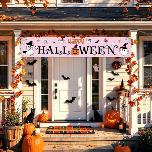 Happy Halloween Banner Outside Halloween Decorations Pink Yard Party Sign - Image 5