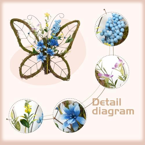 idyllic Butterfly Shaped Wreath with Pastel Berries and Floral Spring Artificial Wreaths for Front Door Decor（Blue） - Image 2