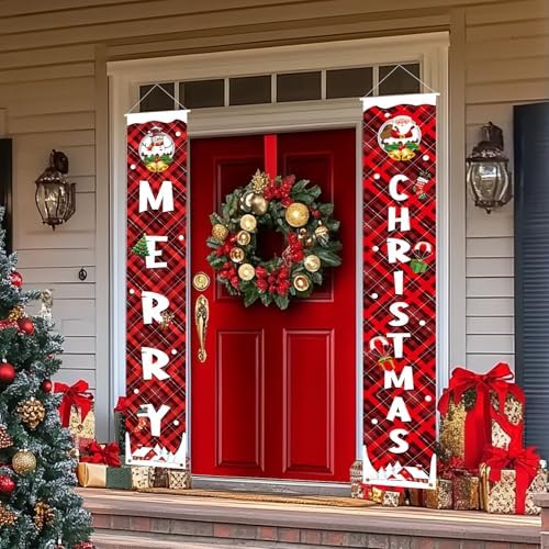 Christmas Porch Decorations Christmas Banner Red Buffalo Check Plaid Xmas Hanging Front Door Signs Outdoor Indoor Snowman Santa Wall Decor Xmas Party Decoration 12" x 72" - Image 7