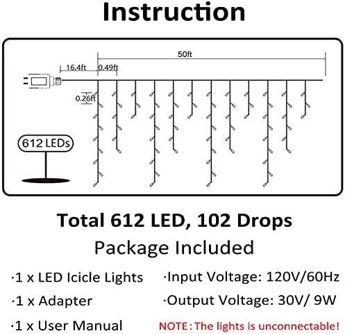 Toodour Christmas Icicle Lights Outdoor, 612 LED 50ft 8 Modes Fairy Icicle String Light with 102 Drops, Led Christmas Lights Twinkle for Holiday, Party, Wedding, Eaves, Xmas Decorations (Multicolor) - Image 6