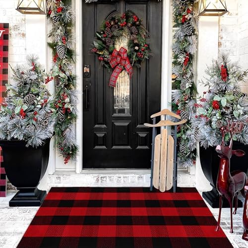 Christmas Door Mat Outdoor 27.5"x43" Buffalo Plaid Christmas Decor Rug Cotton Hand-Woven Layered Door Mats Washable Carpet for Front Porch, Kitchen, Farmhouse, Entryway - Image 4
