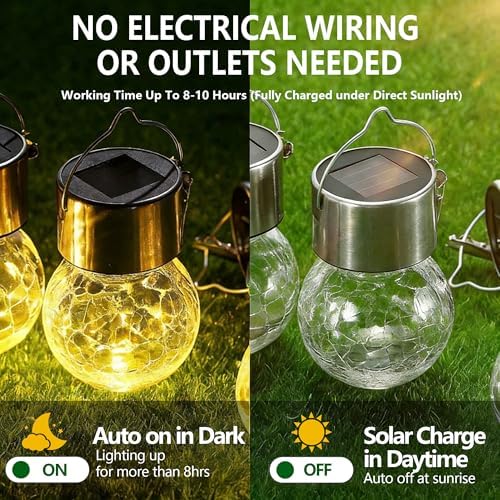 Solar Lantern,Solar Lights Outdoor Decorative Waterproof Hanging Cracked Glass Ball Light Outside Decorations for Fence,Shepherd Hook Tree Ornaments Umbrella Yard Decor 8 Pack (Warm White) - Image 5