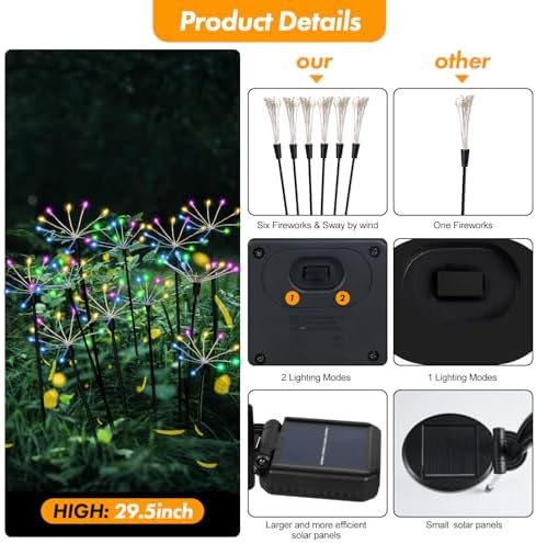 Kwaiffeo 4 Pack Solar-Powered Firework Fairy Lights, Solar Light Outdoor Waterproof Christmas & Garden Decor for Pathway/Patio/Yard - Gardening Gifts for Women (Multicolor) - Image 2