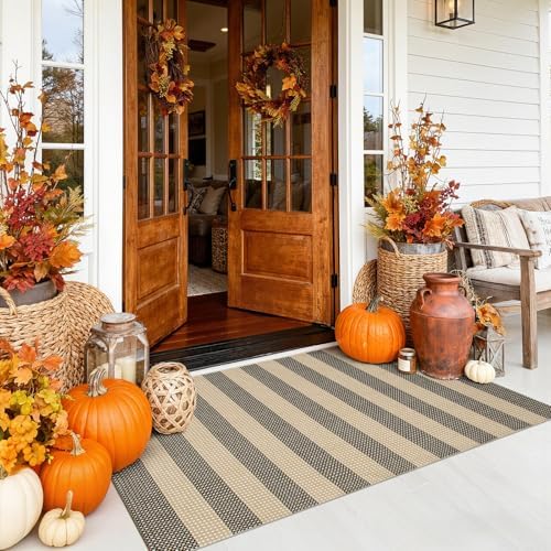 Fall Front Door Mat 3x5, Cotton Woven Washable Striped Outdoor Rug by Sungea