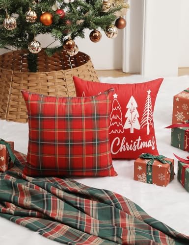 TOYPOPOR Christmas Decorations, Double Sided Plaid Throw Pillow Covers 20x20 Inches Set of 4, Christmas Tree, Snowflakes, Merry Christmas, Snowman Reindeer Winter Holiday Pillowcase for Sofa Couch - Image 3