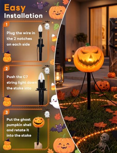 Halloween Pumpkin Pathway Lights, 7 FT 4 Pack Plug In LED Stake Lights - Image 4