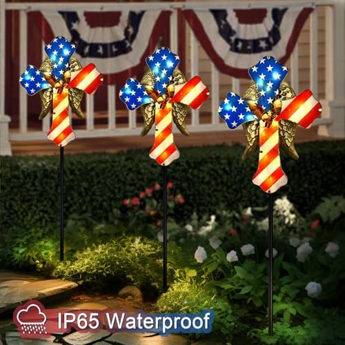 4th of July Decorations Outdoor,Solar Cross for Cemetery Grave Yard Decor | Cemetery Decorations Garden Stakes,Patriotic Eagle Cross Solar Lights Outdoor Pathway,Lawn,National Day Remembrance Gifts - Image 5
