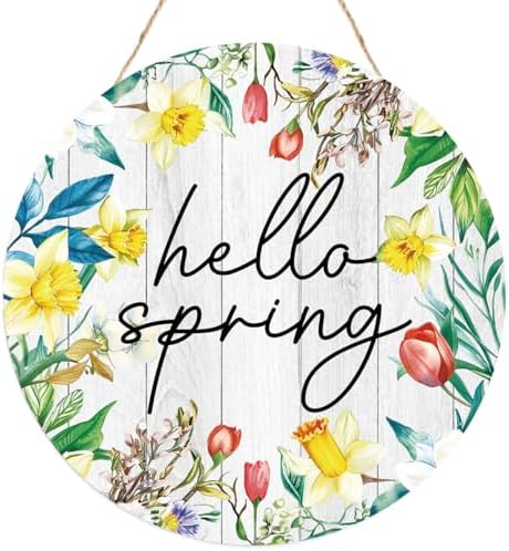 Hello Sign for Front Door Decor, Spring Flowers Wooden Sign Indoor Wall Hanging Decor Round Hanging Decoration for Home Front Door Porch by Unknown