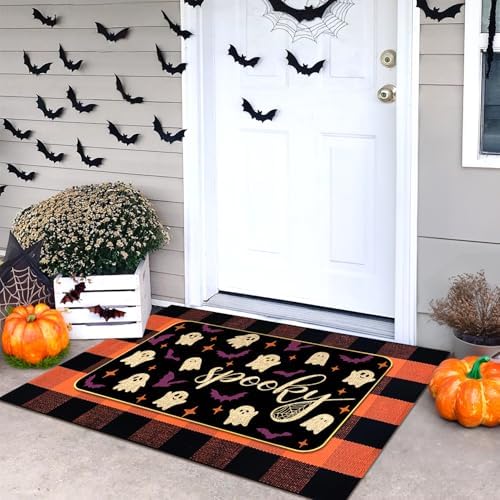 Halloween Outdoor Rug Set, Boo Door Mat 28 x 43 in, 2 Pcs Welcome Mat Set, Halloween Bats Rug, Black Doormat, Halloween Front Porch Doormats, Orange and Black Buffalo Plaid Mats for Outdoor Decor - Image 5