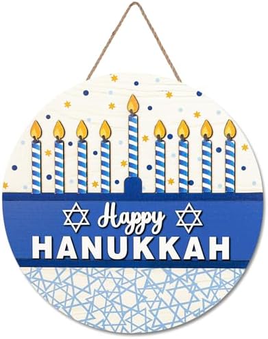 JarThenaAMCS Happy Hanukkah Welcome Door Sign Chanukah Candlestick Star Wooden Hanging Sign Blue Front Door Hanger for Indoor Outdoor Home Porch Window Decor by JarThenaAMCS