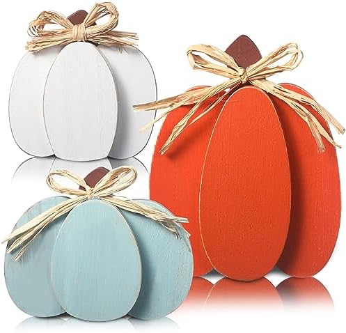 Faccito 3 Pcs Wooden Pumpkin Blocks Fall Table Centerpieces,Rustic Color by Faccito