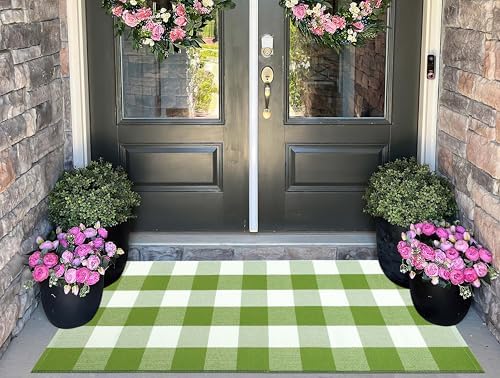 Green White Buffalo Plaid Outdoor Rug 24"x51" Cotton Checkered Door Mat - Image 6