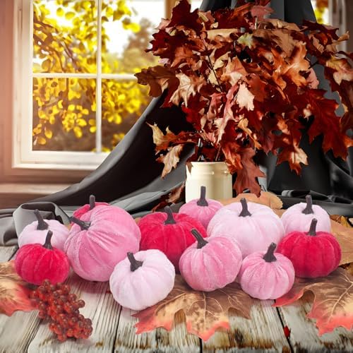 21 PCS Pink Pumpkins Set for Fall Decor, 2 Sizes Fake Velvet Pumpkin Mini Foam Pumpkin for Tiered Tray Bowl Filler Baby Shower Wedding Thanksgiving Halloween Farmhouse Mantel Wreath - Image 2