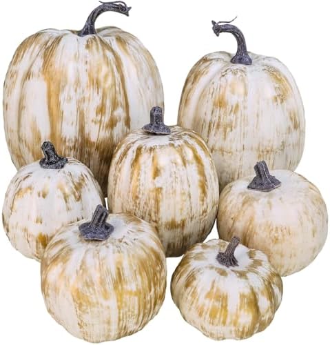 7 Pcs Assorted Sizes Fall Artificial Pumpkins Harvest Pumpkins Faux Foam Pumpkins for Fall Autumn Season Halloween Thanksgiving Harvest Holiday Season Festive Tabletop Decoration (Gold Brush White) by Winlyn