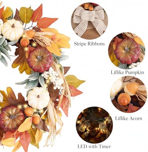Valery Madelyn 20'' Fall Wreaths for Front Door with LED Lights - Image 4
