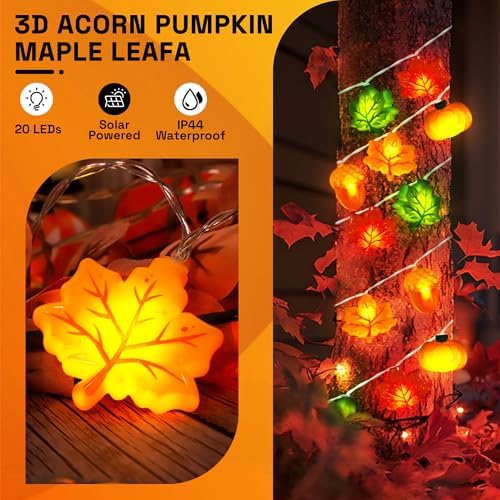 Solar Fall Lights Outdoor 17.4Ft 3D Acorn Pumpkin Maple Leaf String Lights, 8 Modes Thanksgiving Lights Fall Decor Thanksgiving Decorations for Outdoor - Image 5