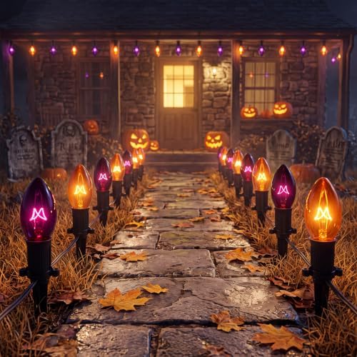 C9 Outdoor Halloween Pathway Lights - 19.5Ft Orange & Black Bulbs with 10 Stakes, Connectable Waterproof Markers for Yard, Lawn & Garden Decor by Doratale