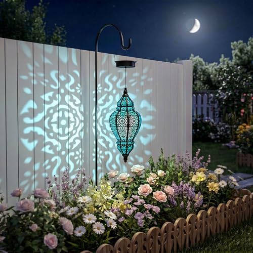 Moroccan Hanging Solar Lights Outdoor Lantern Bidirectional Availabili Garden Decor Waterproof Plastic Blue Decorations for Patio Pathway Yard Backyard Solar Powered Garden Decorative (Black, 2) - Image 3
