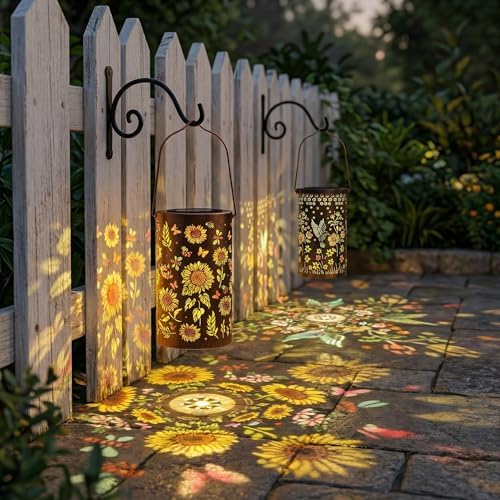 2 Pack Colorful Solar Lanterns Outdoor Waterproof, Garden Decor Gifts for Women Mom Grandma - LED Sunflower and Hummingbird Solar Powered Lights Metal Hanging Lantern for Outside Garden Patio Yard - Image 2