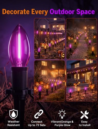 Halloween Pathway Lights Outdoor, 19.5Ft Orange Purple Halloween String Lights with 10 C9 LED Bulbs and Stakes, Connectable Outdoor Waterproof Marker Stake Lights for Halloweens Path Yard Lawn, Garden - Image 2