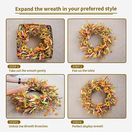 JINGHONG Fall Wreaths for Front Door 22 Inch Artificial Fall Wreath Floral Autumn Wreath for Outside Door Harvest Thanksgiving Day Celebration - Image 5