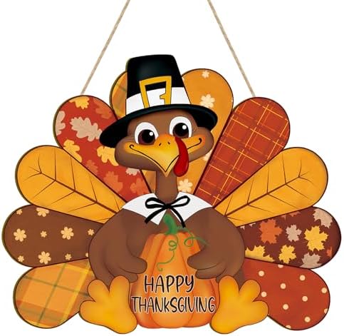 Thanksgiving Decoration Wooden Turkey Pumpkin Door Wreath for Front Door Sign Wall Signs, Thankful Blessed Grateful Pumpkin Sign Hanging for Fall Autumn Harvest Home Halloween Decoration by Sophena