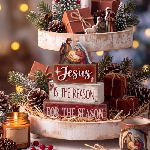Lineshading 4 Pcs Christmas Jesus Table Decoration Christian Wooden Stacked Block Decor, Merry Christmas Nativity Scene Tiered Tray Decor Rustic Religious Xmas Decoration for Home Office Church - Image 3