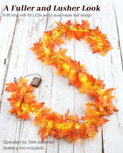 Luditek 9.8FT 60LED Fall Garland with Lights, 8 Lighting Modes, Battery Powered Maple Leaves String Lights, Fall Decorations for Autumn, Thanksgiving, Halloween, Home Room, Indoor Outdoor - Image 2