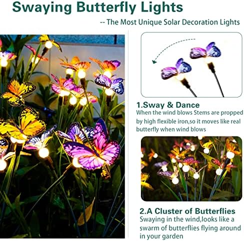TONULAX Solar Garden Lights - 8 Pack Swaying Butterfly Light, Swaying in The Wind, Solar Outdoor Lights, Yard Patio Pathway Decoration, High Flexibility Iron Wire & Realistic Butterflies - Image 2