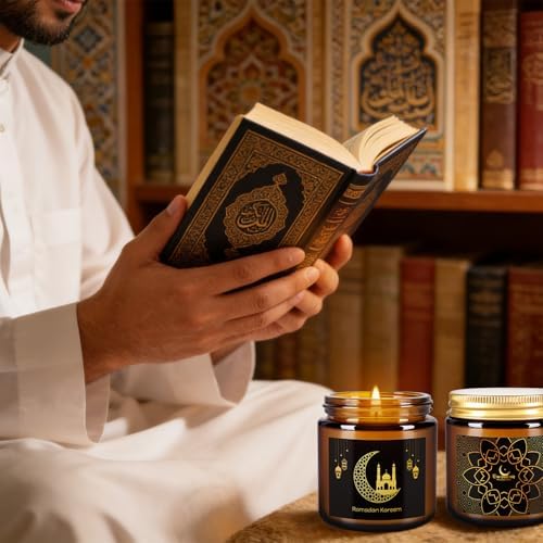 12 Pcs Ramadan Mubarak Scented Candle Set - Eid Candles for Home Decor, Aromatherapy Islamic Gifts for Women & Family, Mosque-Inspired Jar with Islamic Lanterns & Stars, Brown Soy Wax - Image 5