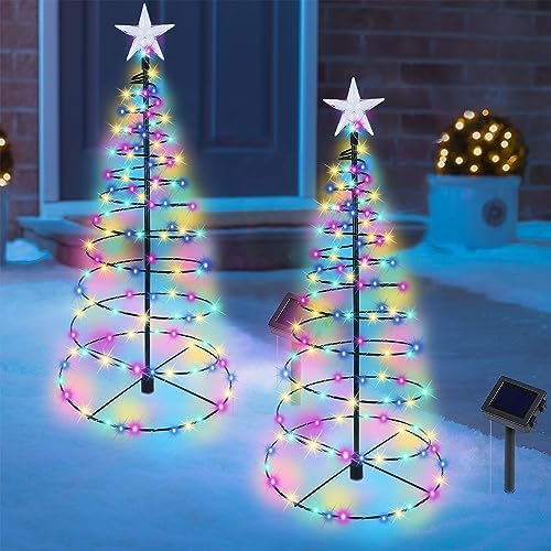 Dynaming 2 Pack Solar Spiral Christmas Trees with Multicolor Lights, 26" Outdoor Light Up Xmas Pathway Markers with Stake, Auto On/Off & Waterproof Lights for Winter Patio Yard Walkway Driveway Decor by Dynaming