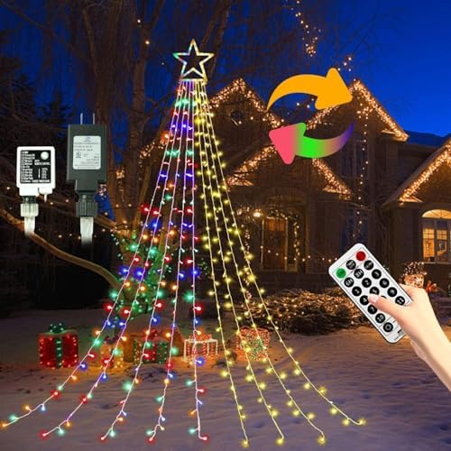 Christmas Decorations Star String Lights, 320 LEDs Outdoor Waterfall Tree Lights with 13" Topper Star, Plug in Waterproof Hanging Fairy Lights for Xmas New Year Holiday Party Yard Decor by ZhenQiu