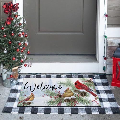 Winter Door Mat Outdoor for Front Door,Cardinal Pine Twigs Berry Merry Christmas Welcome Doormat,Xmas Holiday Floor Rugs for Indoor Porch Entrance Farmhouse Decor 30" x 17" - Image 2