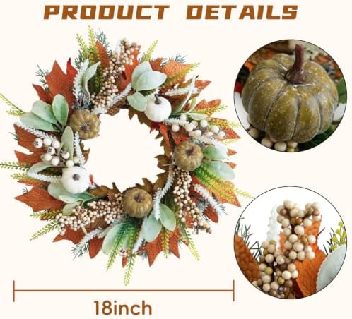 18 Inch Fall Wreath Maple Leaf Pumpkin for Front Door - Image 2