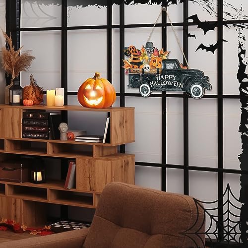 Huwena Halloween Welcome Door Sign Wood Vintage Rustic Hanging Decoration Halloween Horror Pattern Welcome Front Door Sign Wall Decoration for Indoor Outdoor Party(Truck Style) - Image 4