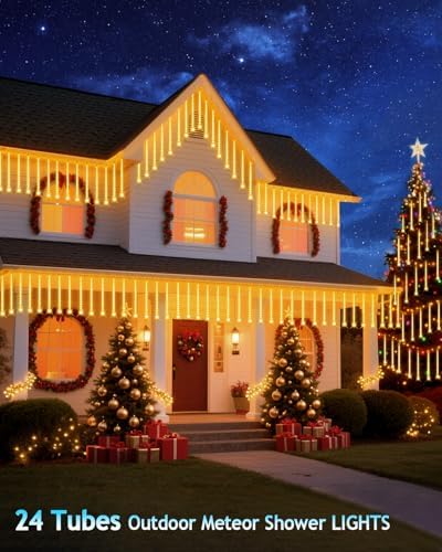 PEMOTech Christmas Lights Outdoor,24 Tubes 30cm 576 Led Meteor Shower Lights, Waterproof Christmas Decorations Icicle Light for Xmas Tree Halloween Party, Ul Plug,Warm White - Image 2